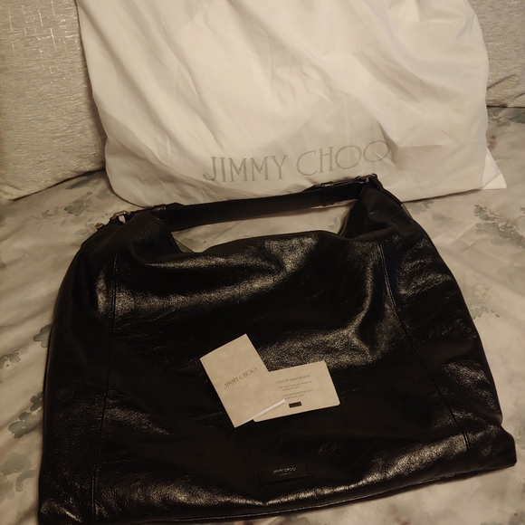 Jimmy Choo Calf Ana Zip Leather Hobo Bag Black and Silver - Picture 6 of 14